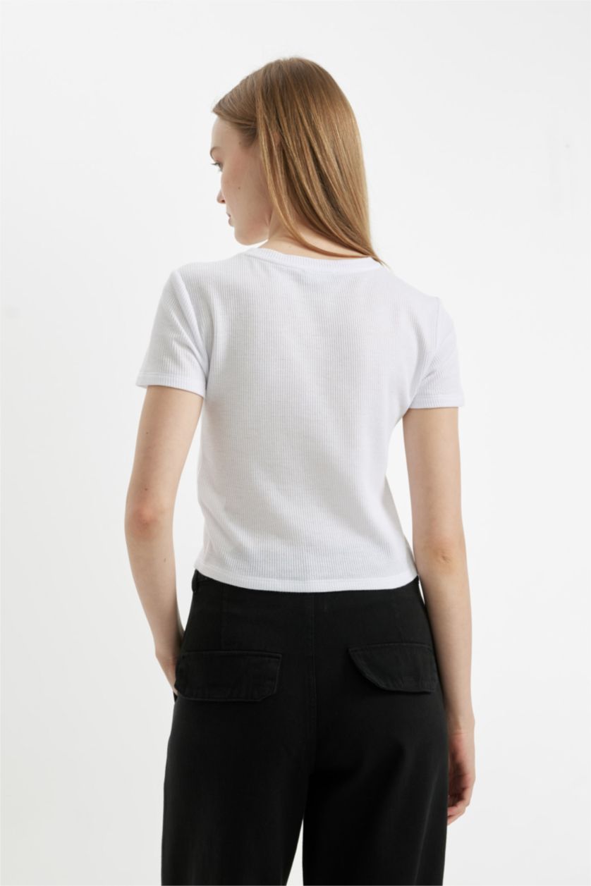 WOMAN White Fitted Waffle Basic Short Sleeve T-Shirt