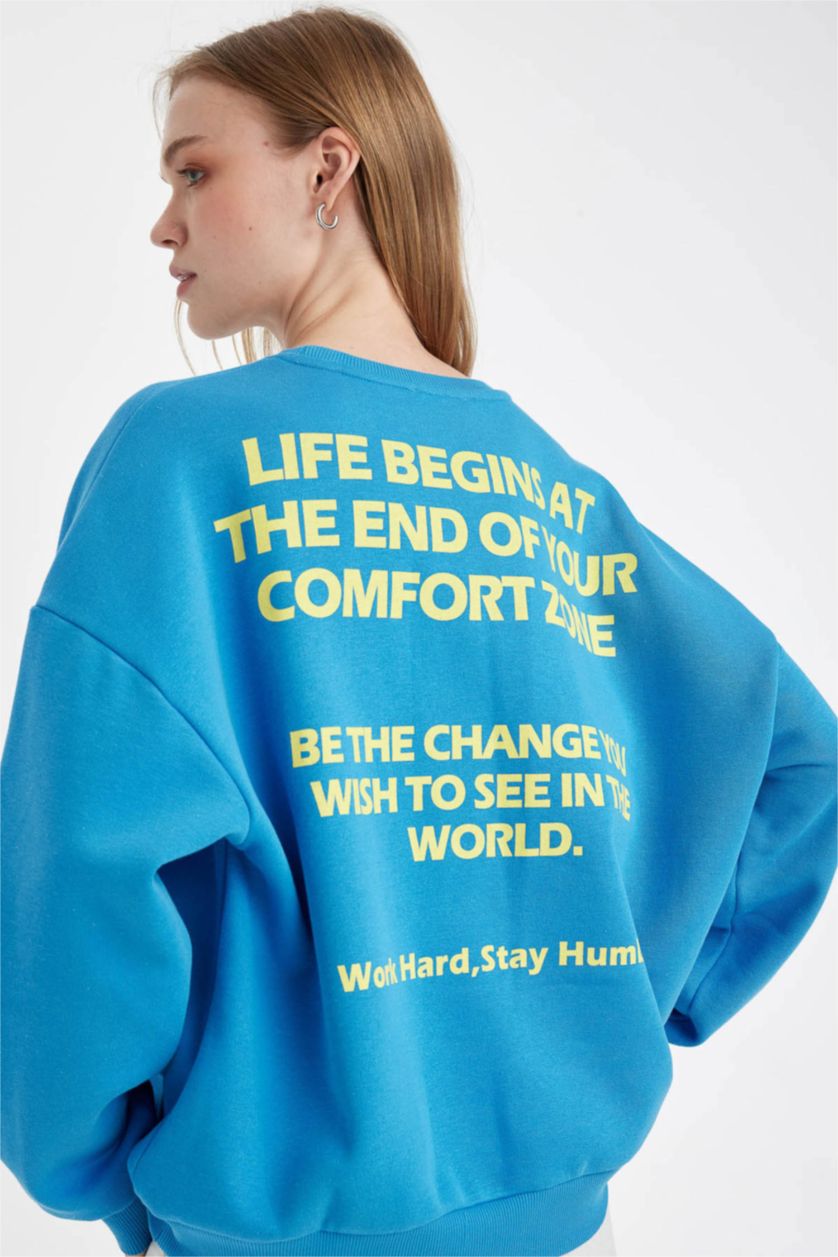 نساء أزرق سويت شيرت قصة فضفاضة ثقيل برقبة مستديرة