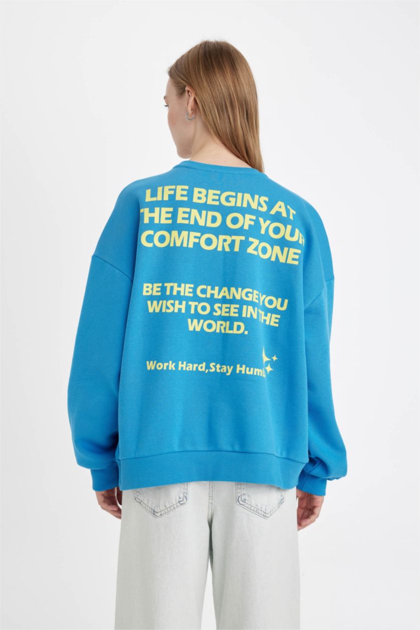 نساء أزرق سويت شيرت قصة فضفاضة ثقيل برقبة مستديرة