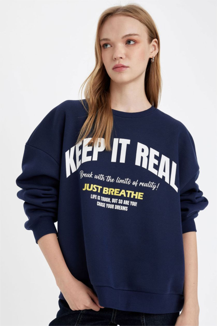 Kadın Lacivert Oversize Geniş Kalıp Bisiklet Yaka Baskılı Kalın Sweatshirt