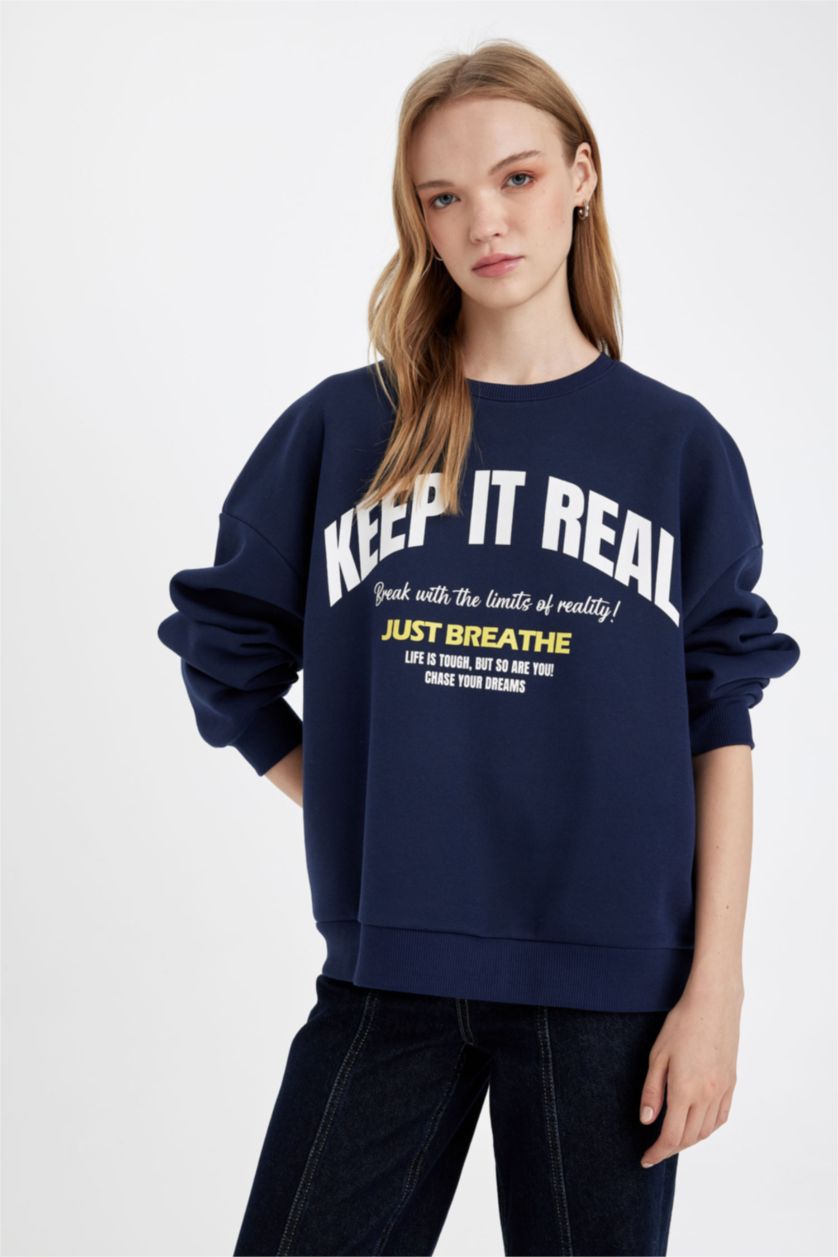 Kadın Lacivert Oversize Geniş Kalıp Bisiklet Yaka Baskılı Kalın Sweatshirt