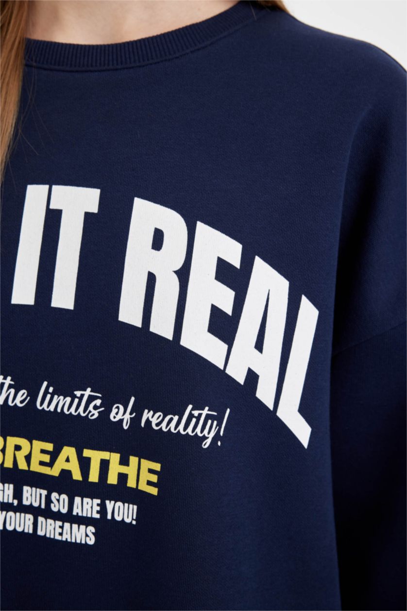 Kadın Lacivert Oversize Geniş Kalıp Bisiklet Yaka Baskılı Kalın Sweatshirt