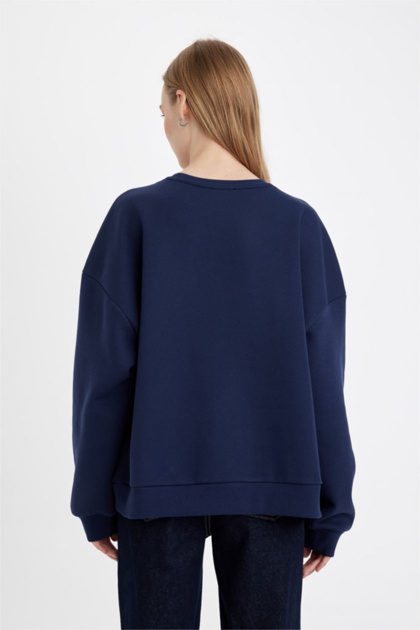 Kadın Lacivert Oversize Geniş Kalıp Bisiklet Yaka Baskılı Kalın Sweatshirt