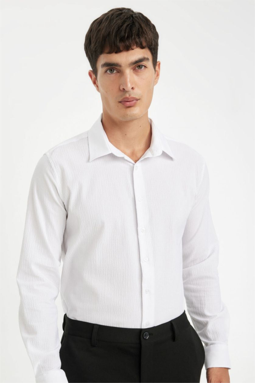 Erkek Beyaz Modern Kesim Krinkıl Kumaş Gofre Desenli Uzun Kollu Gömlek