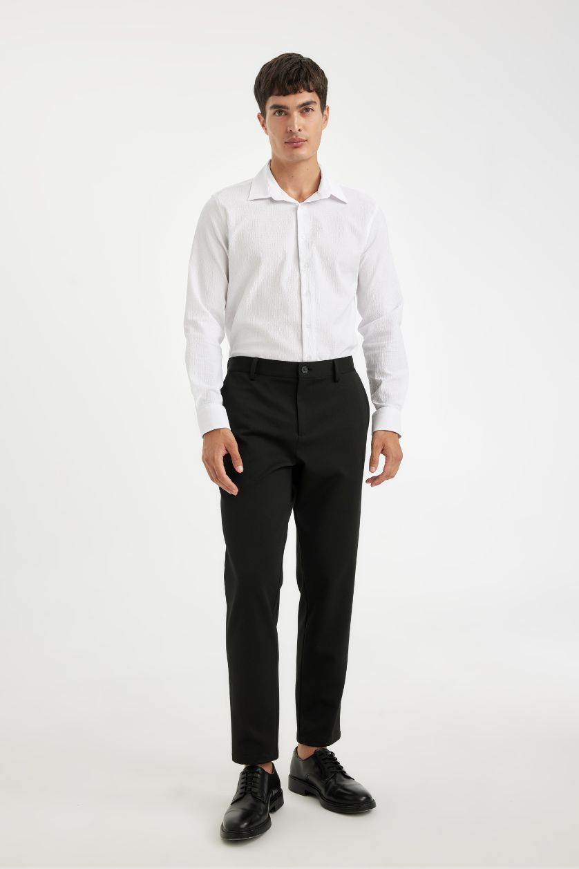 Erkek Beyaz Modern Kesim Krinkıl Kumaş Gofre Desenli Uzun Kollu Gömlek