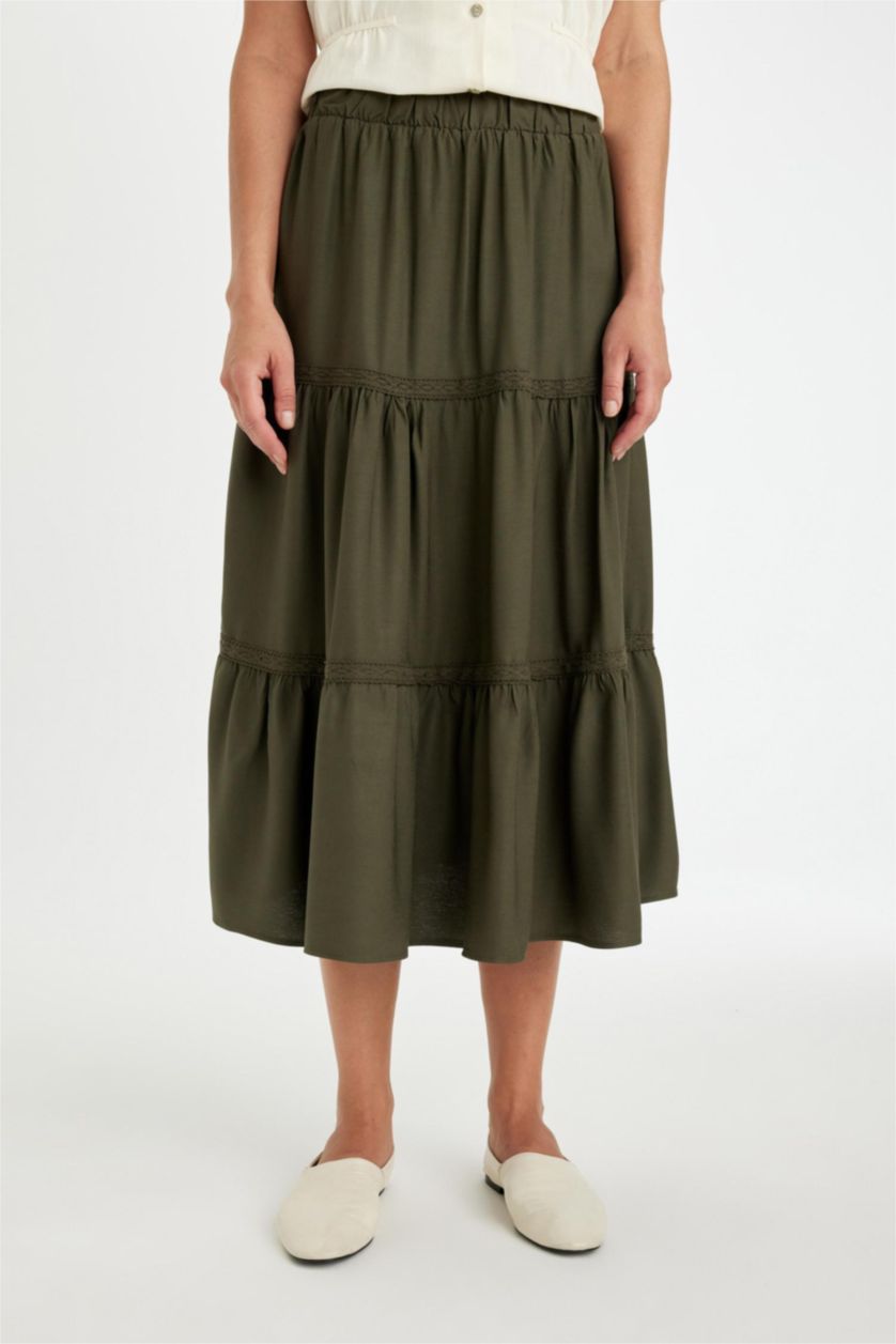 Kadın Koyu Haki Regular Fit Beli Lastikli Belmando Kiloş Midi Etek