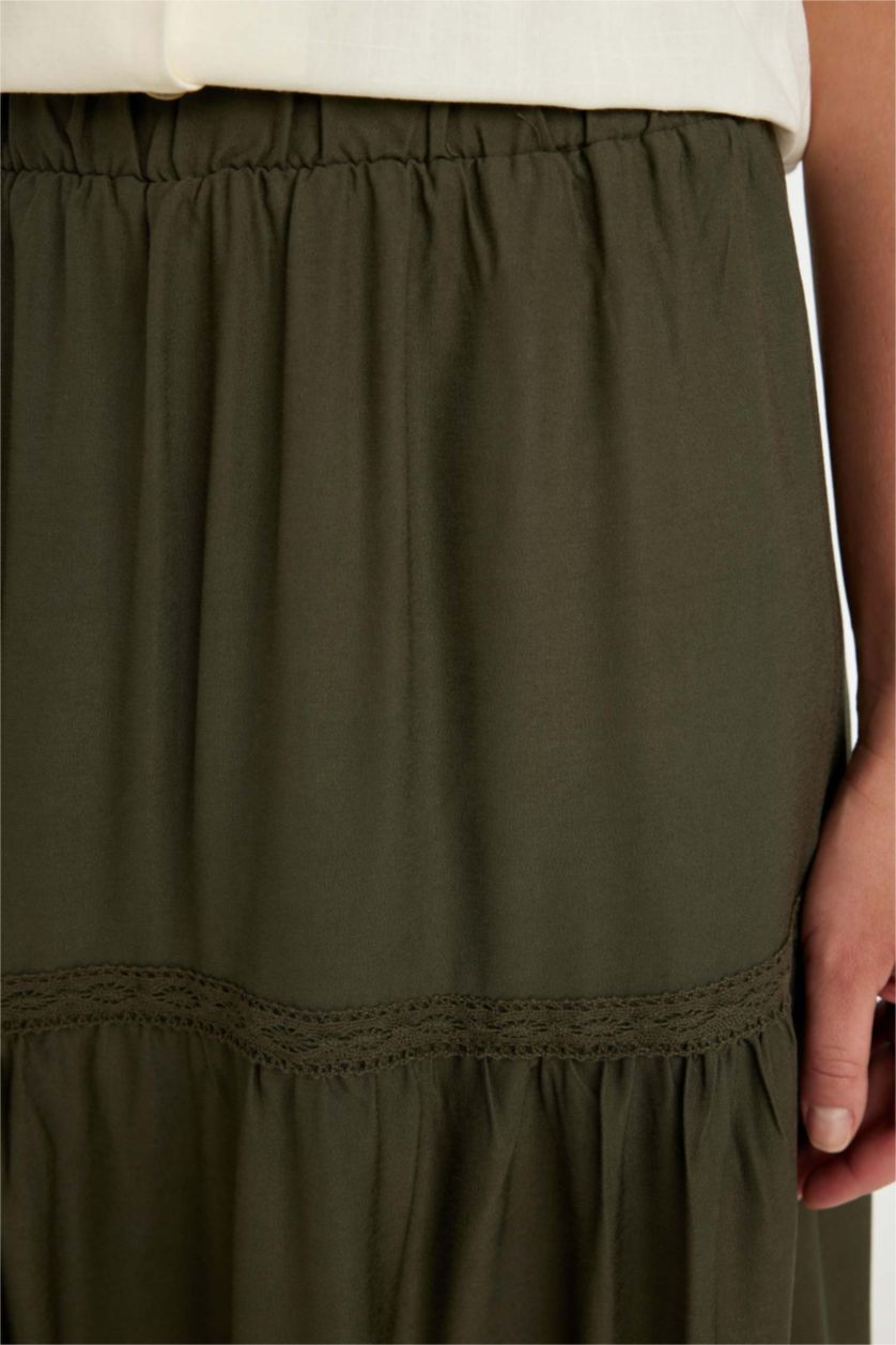 Kadın Koyu Haki Regular Fit Beli Lastikli Belmando Kiloş Midi Etek