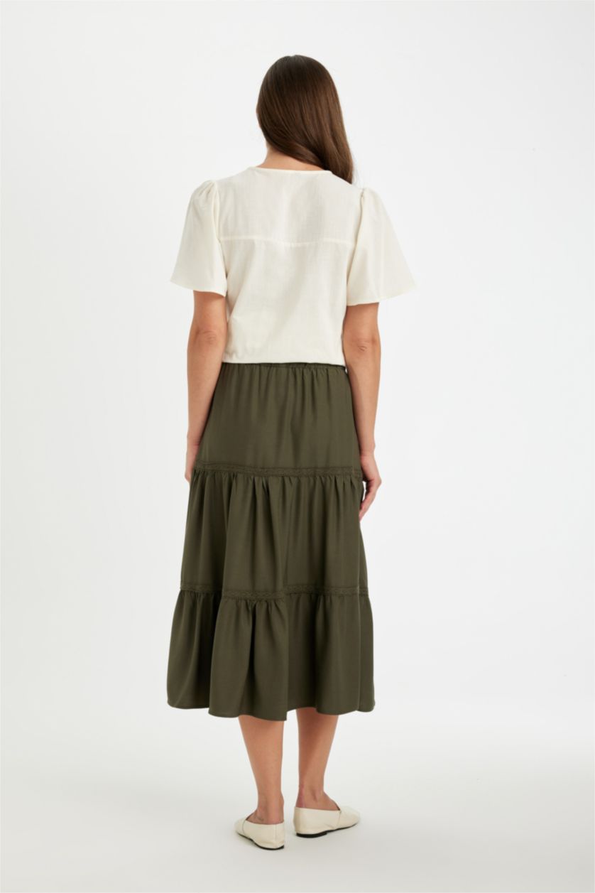 Kadın Koyu Haki Regular Fit Beli Lastikli Belmando Kiloş Midi Etek