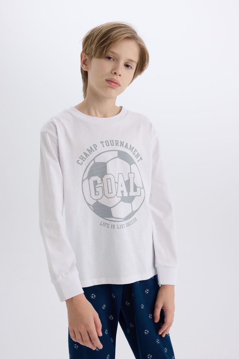 Erkek Çocuk - Genç Erkek Beyaz Pijama Takımı Baskılı Uzun Kollu Üst Desenli Alt Erkek Çocuk