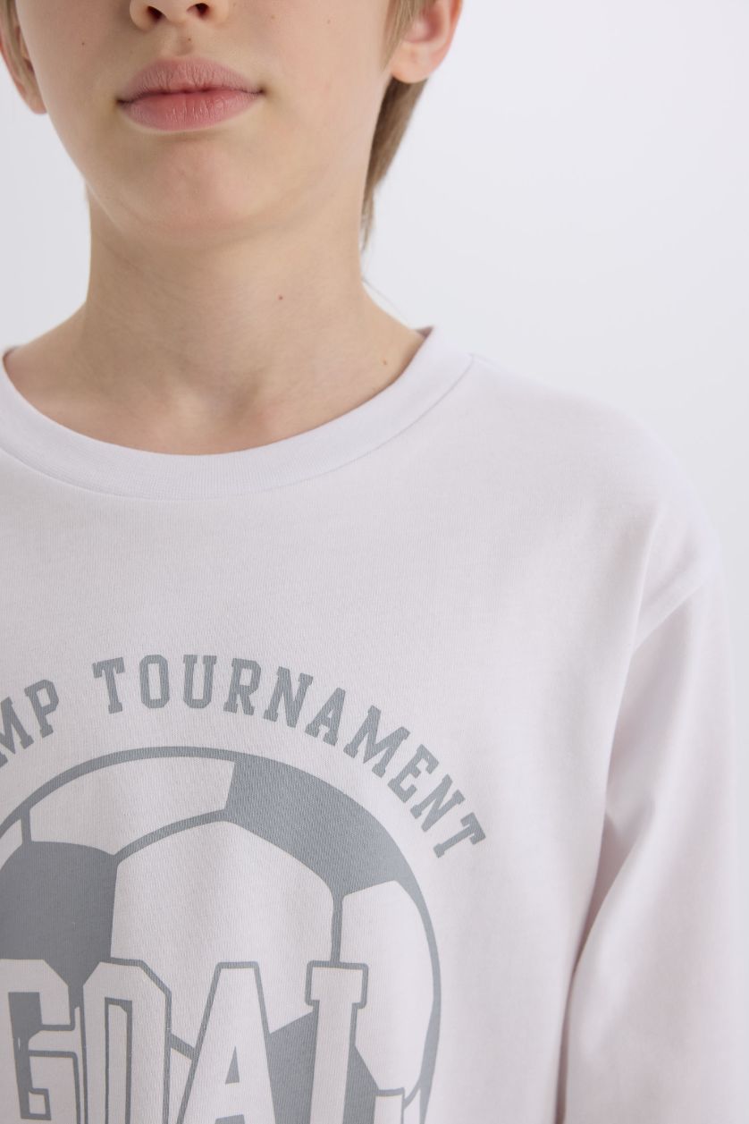 Erkek Çocuk - Genç Erkek Beyaz Pijama Takımı Baskılı Uzun Kollu Üst Desenli Alt Erkek Çocuk