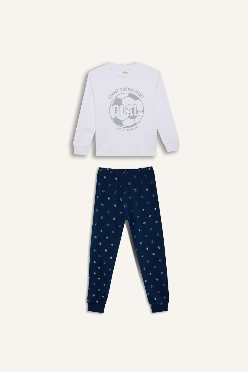 Erkek Çocuk - Genç Erkek Beyaz Pijama Takımı Baskılı Uzun Kollu Üst Desenli Alt Erkek Çocuk