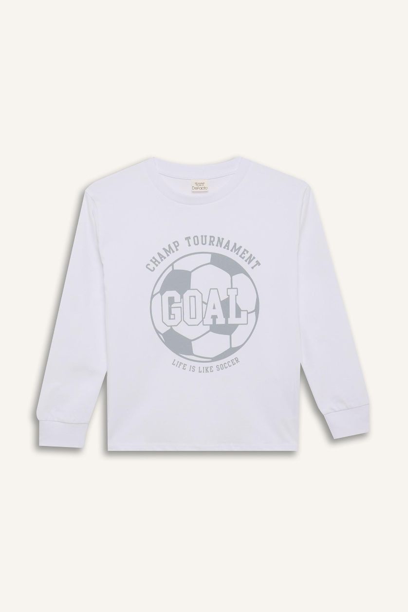 Erkek Çocuk - Genç Erkek Beyaz Pijama Takımı Baskılı Uzun Kollu Üst Desenli Alt Erkek Çocuk