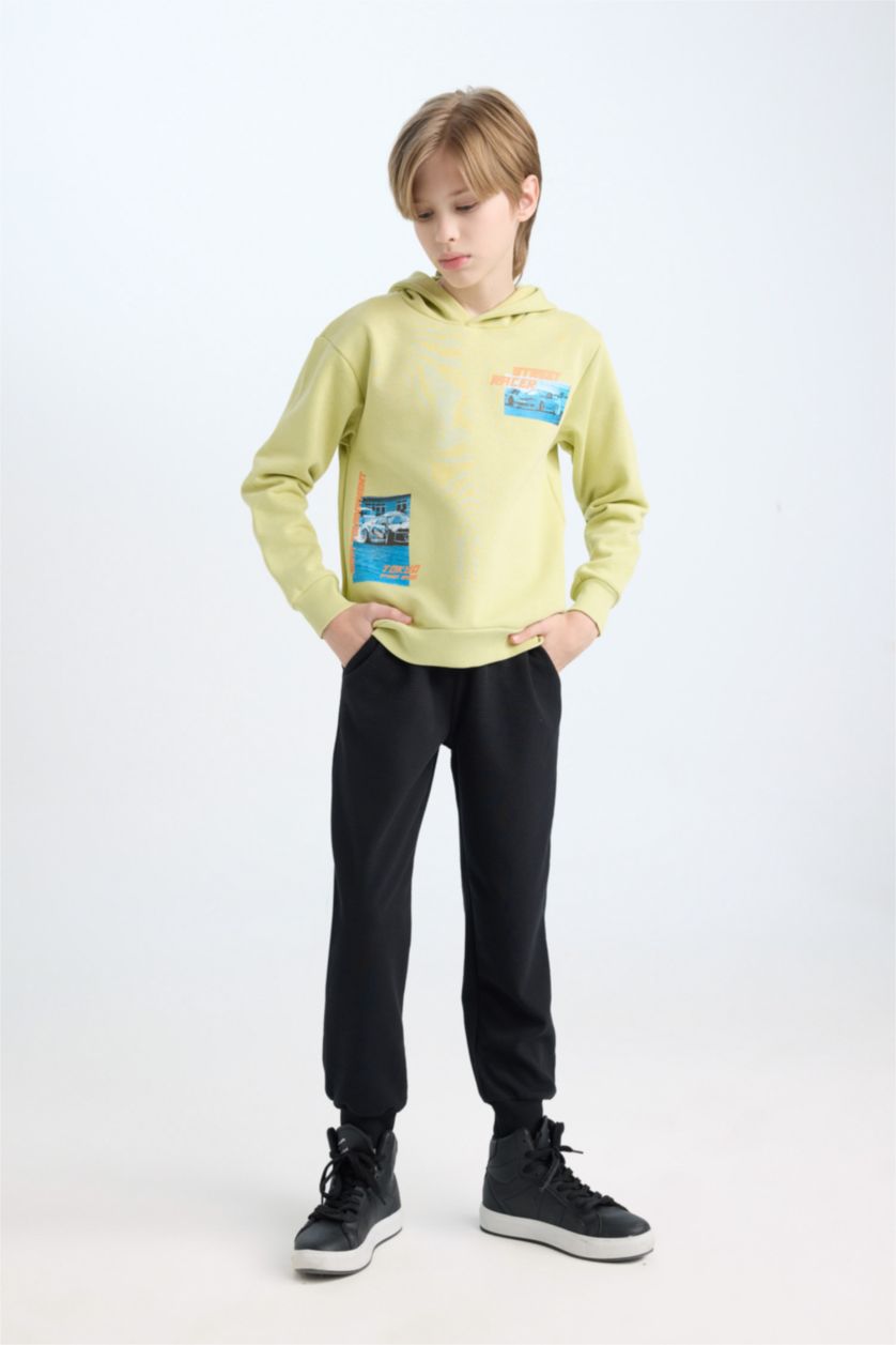 Erkek Çocuk - Genç Erkek Açık Yeşil Erkek Çocuk 2'li Takım Kapüşonlu Baskılı Sweatshirt Beli Lastikli Jogger Eşofman Altı