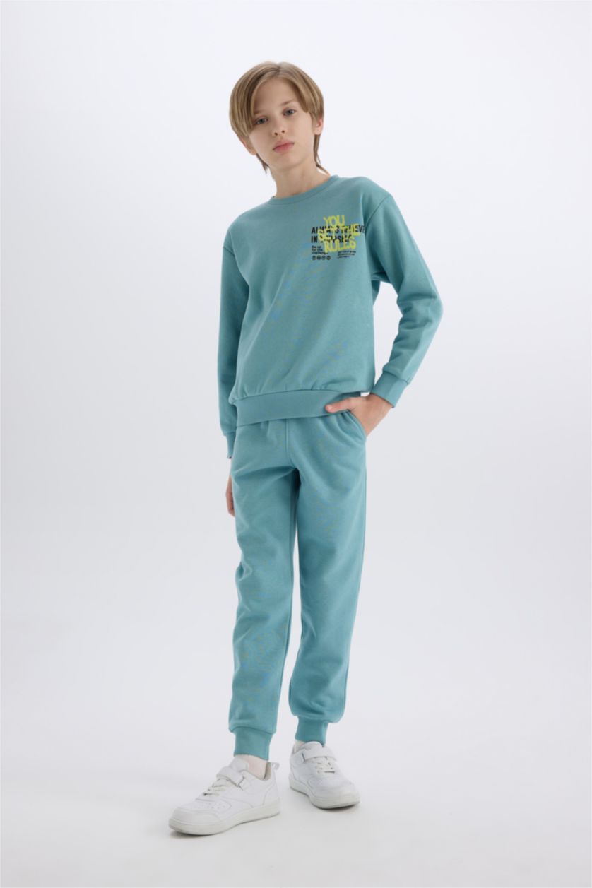 Erkek Çocuk - Genç Erkek Mat Yeşil Erkek Çocuk 2'li Takım Baskılı Sweatshirt Eşofman Altı