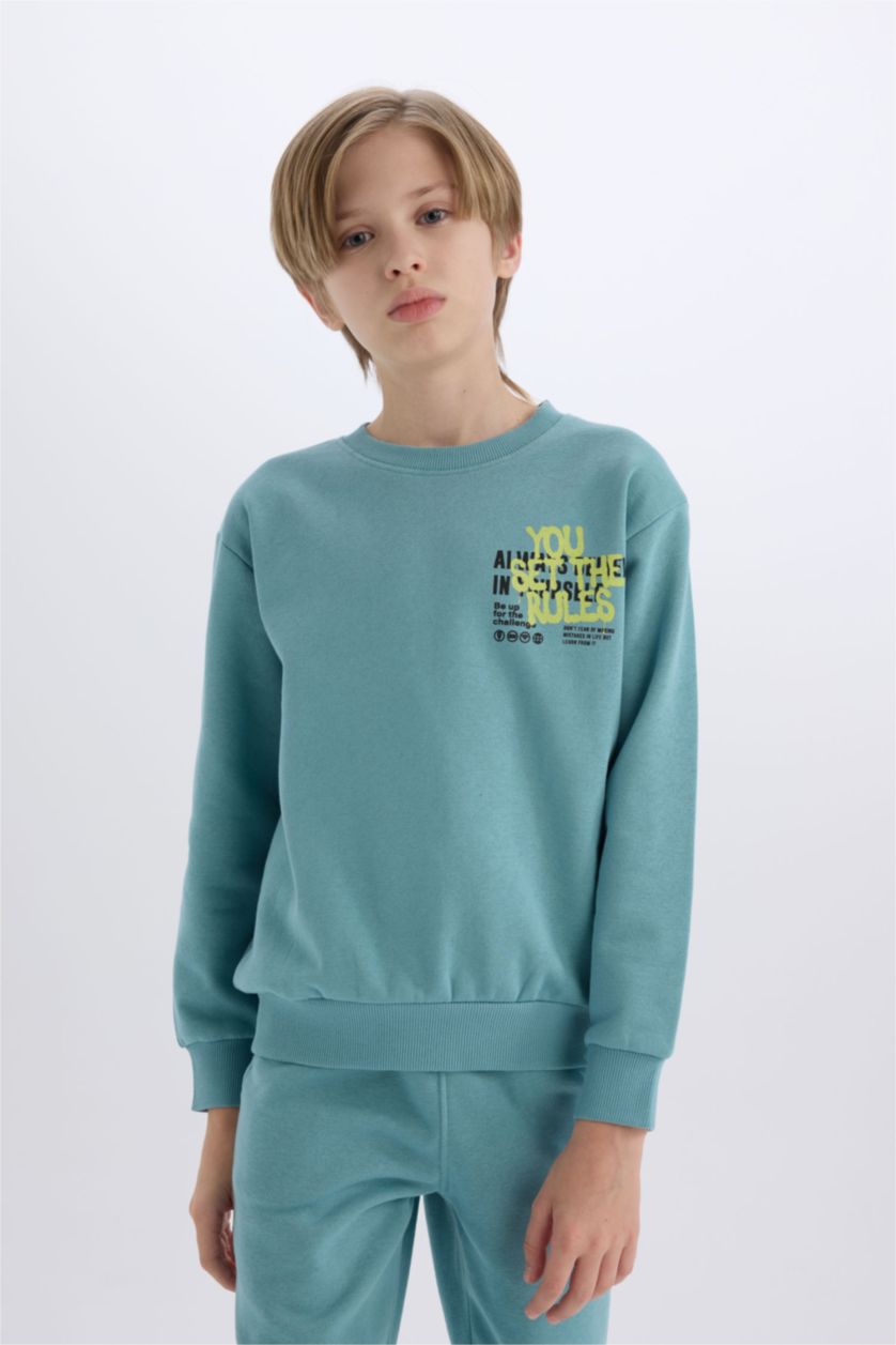 Erkek Çocuk - Genç Erkek Mat Yeşil Erkek Çocuk 2'li Takım Baskılı Sweatshirt Eşofman Altı