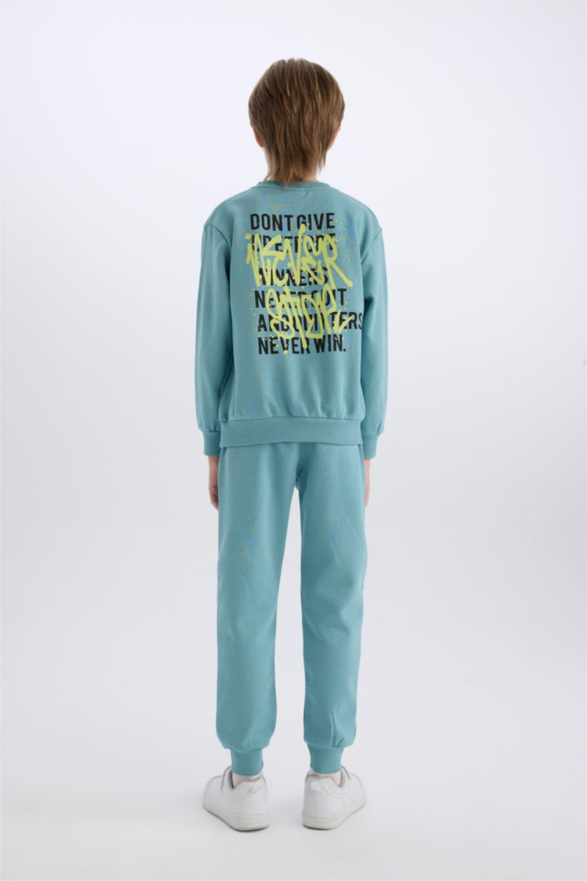 Erkek Çocuk - Genç Erkek Mat Yeşil Erkek Çocuk 2'li Takım Baskılı Sweatshirt Eşofman Altı