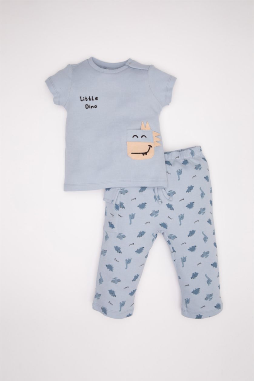 BABY BOY Blue Baby Boy Dinosaur Printed Waffle T-Shirt Pants 2 Piece Set