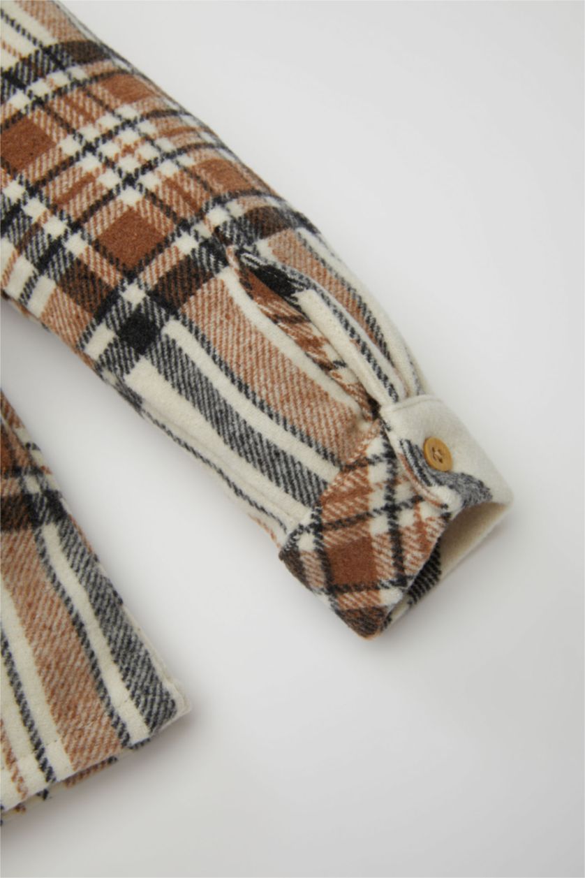 Erkek Bebek Ekru Erkek Bebek Flanel Uzun Kollu Cepli Kareli Gömlek