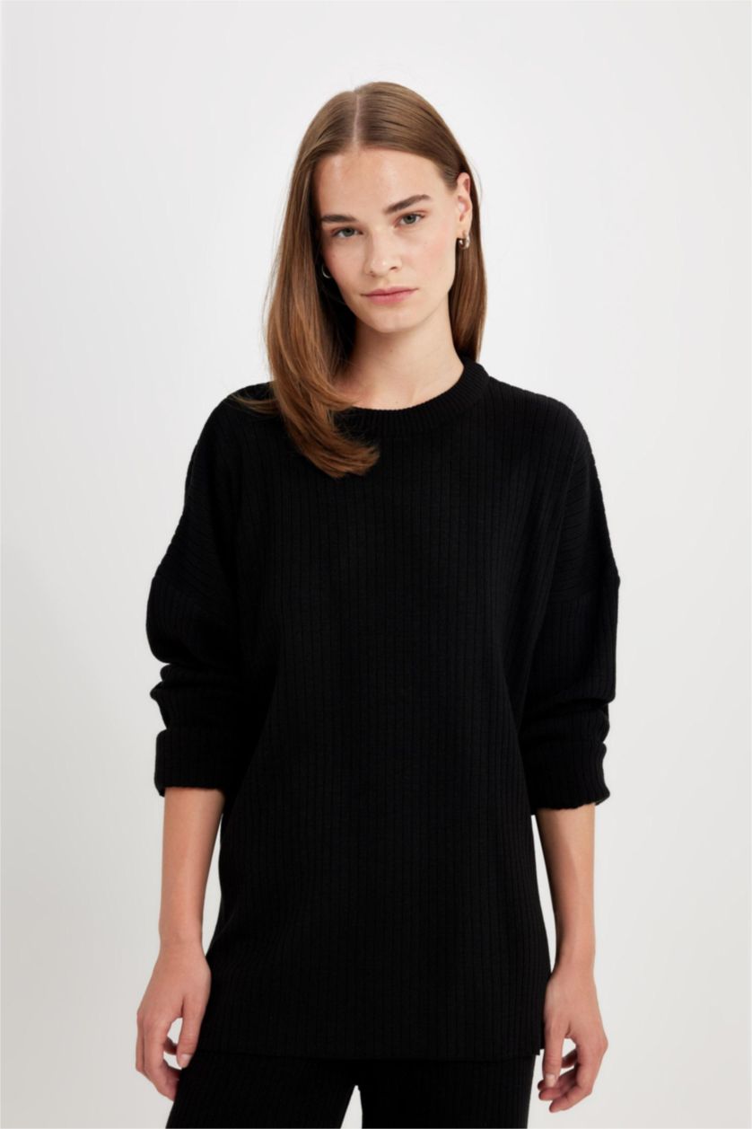 Kadın Siyah Relax Fit 2'li Takım Triko Bisiklet Yaka Kazak Geniş Paça Pantolon