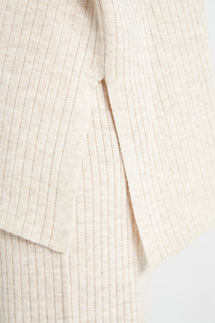 Kadın Ekru Relax Fit 2'li Takım Triko Bisiklet Yaka Kazak Geniş Paça Pantolon