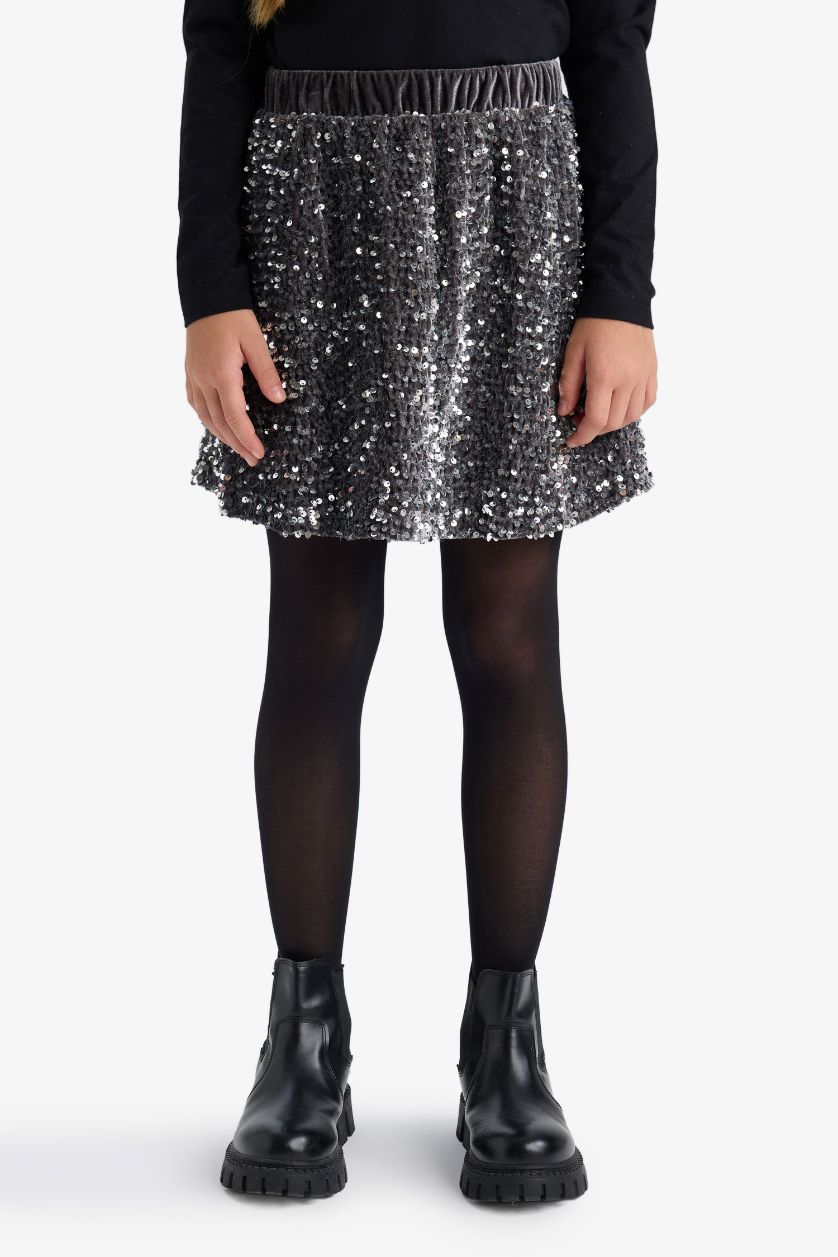 Kız Çocuk - Genç Kız Gri Yılbaşı Temalı Payetli Etek Kız Çocuk