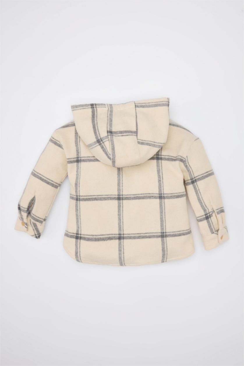 Erkek Bebek Ekru Erkek Bebek Kapüşonlu Flanel Uzun Kollu Cepli Kareli Gömlek