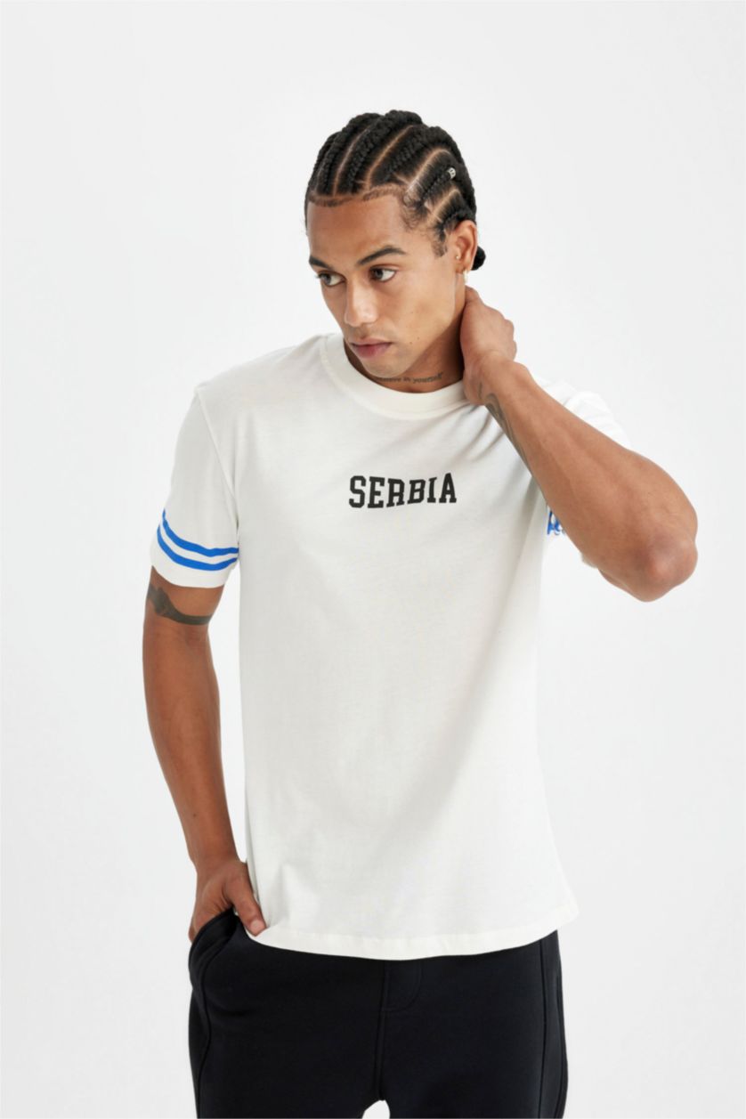 MAN Ecru DeFactoFit Standard Fit Collar Printed Sports T-Shirt