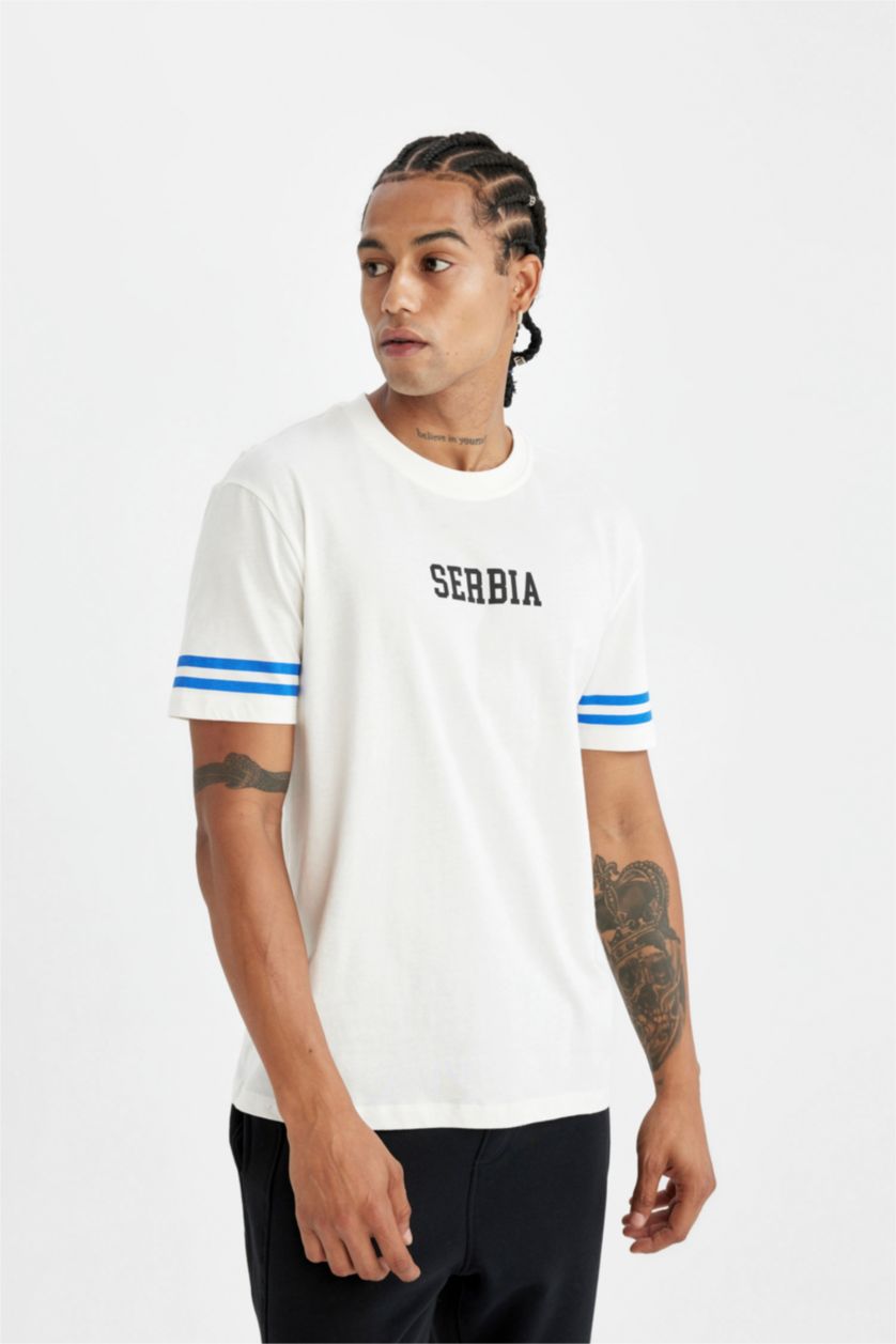 MAN Ecru DeFactoFit Standard Fit Collar Printed Sports T-Shirt