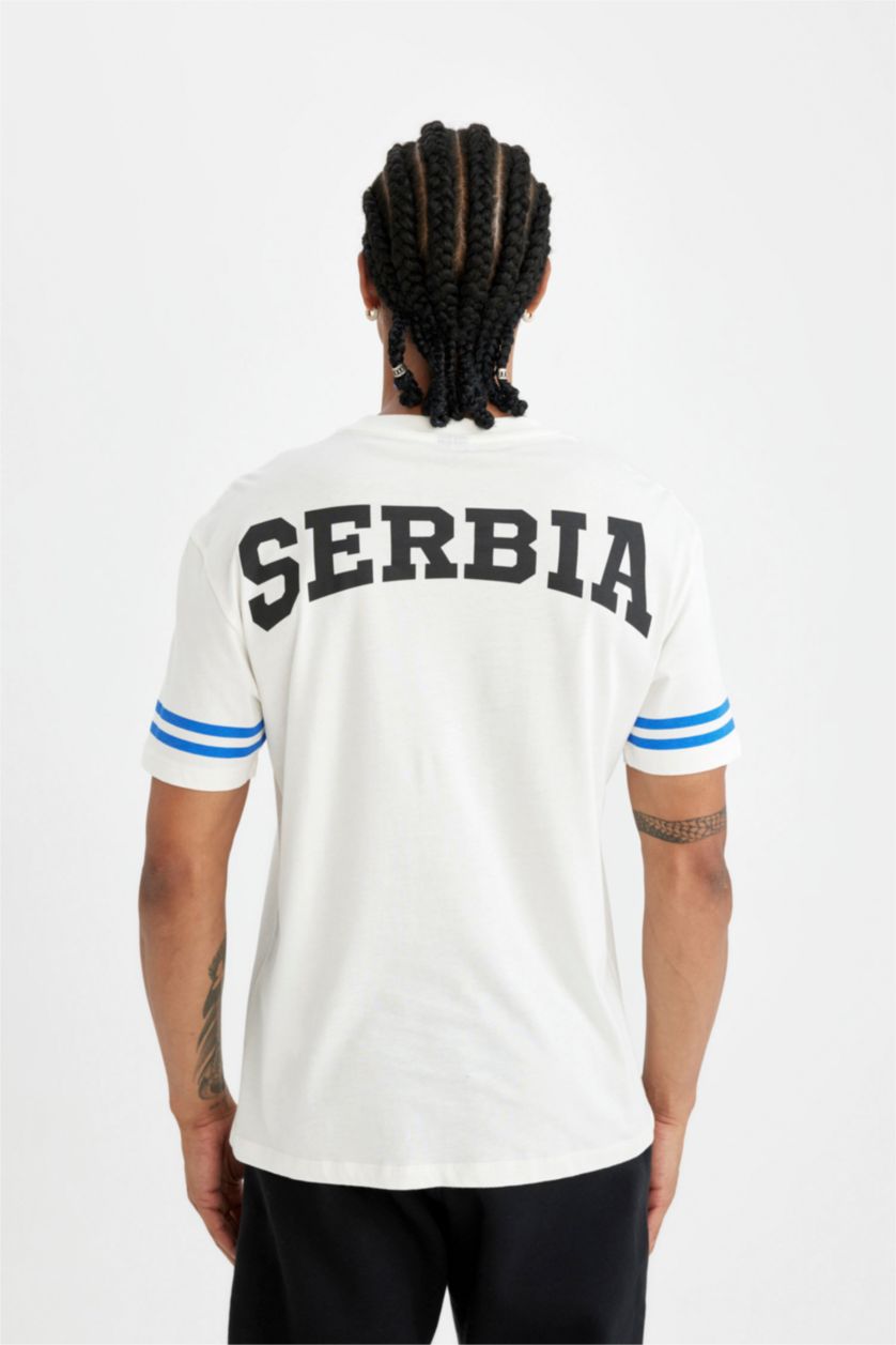 MAN Ecru DeFactoFit Standard Fit Collar Printed Sports T-Shirt