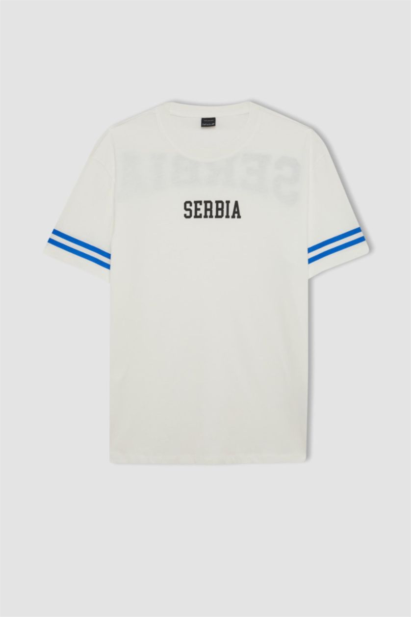 MAN Ecru DeFactoFit Standard Fit Collar Printed Sports T-Shirt