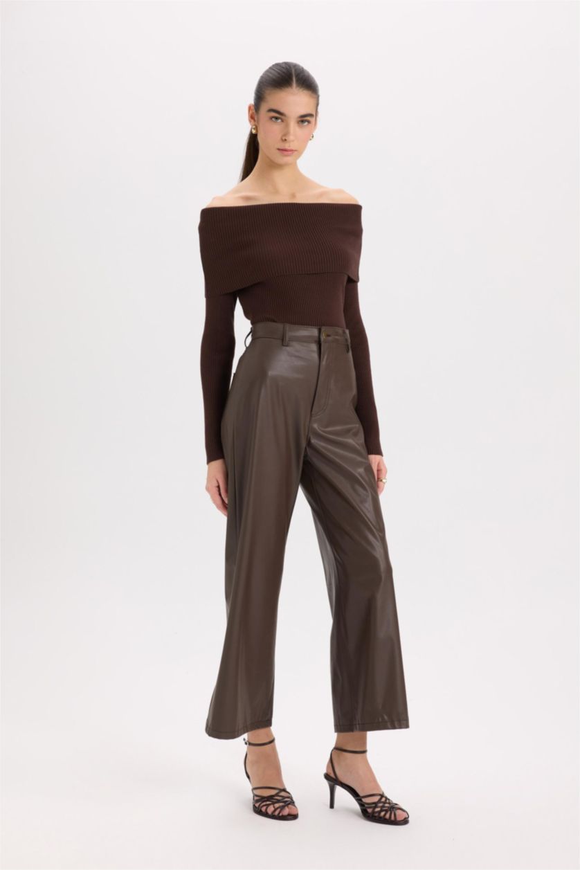 WOMAN Brown Culotte Fit Crop Fit Faux Leather Trousers