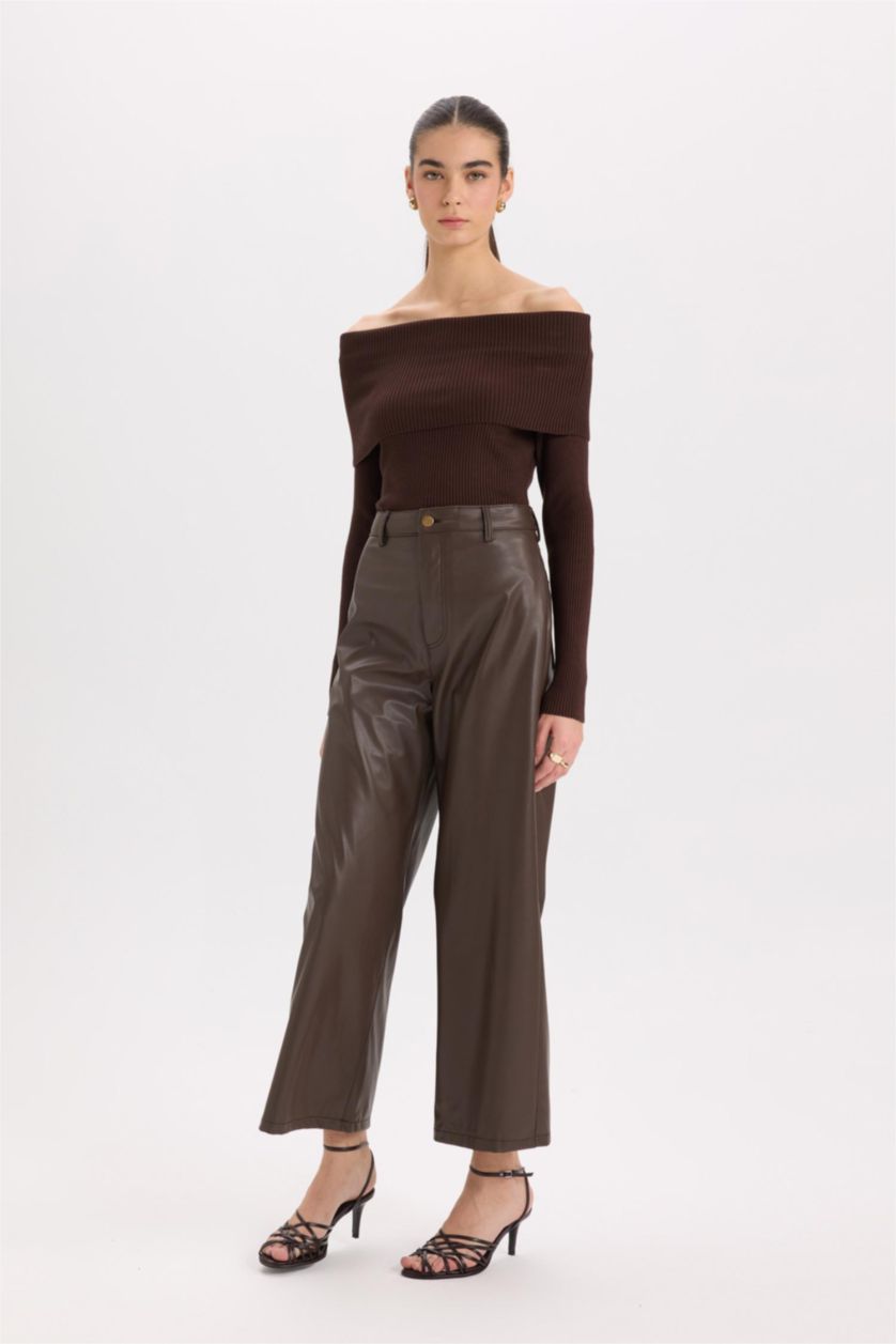 WOMAN Brown Culotte Fit Crop Fit Faux Leather Trousers
