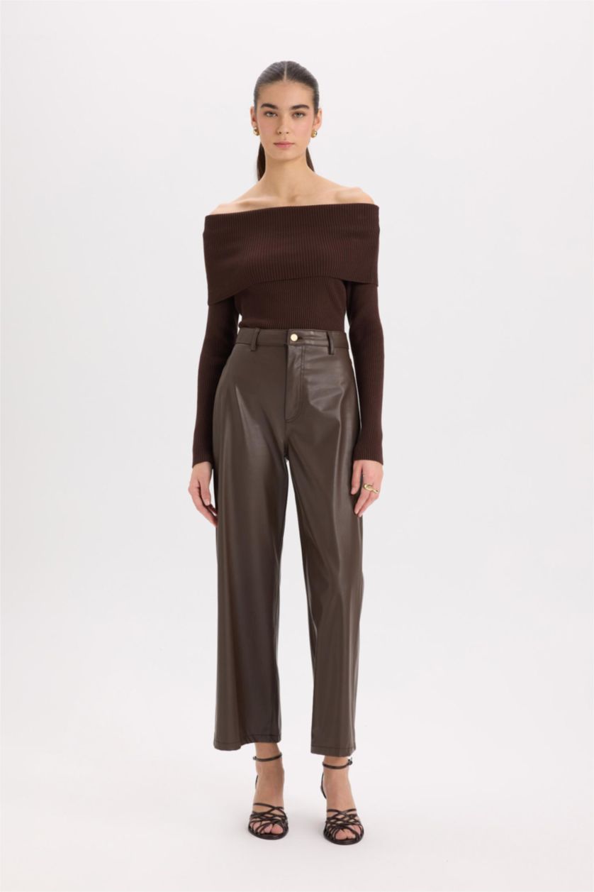 WOMAN Brown Culotte Fit Crop Fit Faux Leather Trousers