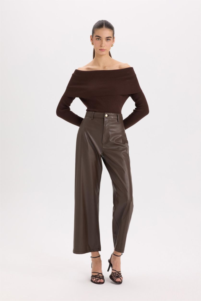 WOMAN Brown Culotte Fit Crop Fit Faux Leather Trousers