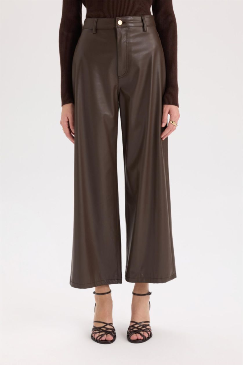WOMAN Brown Culotte Fit Crop Fit Faux Leather Trousers