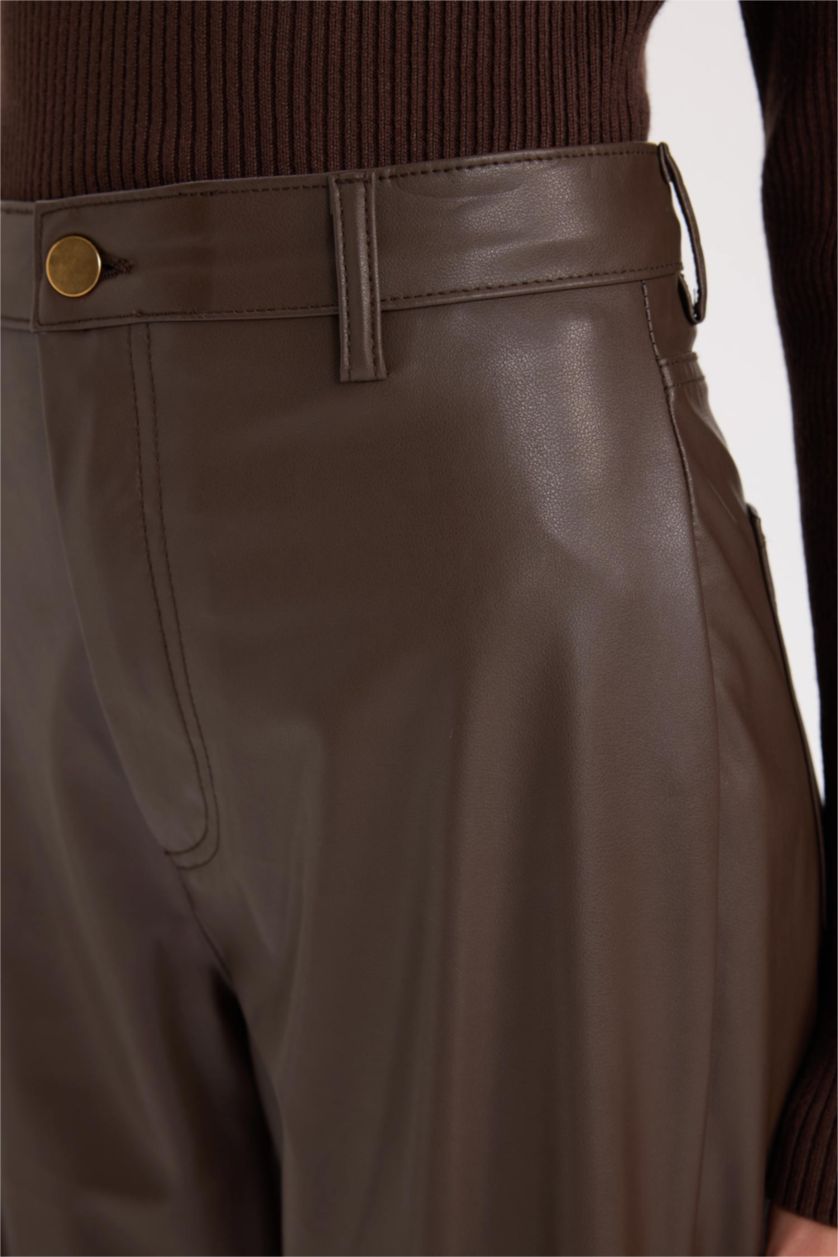 WOMAN Brown Culotte Fit Crop Fit Faux Leather Trousers