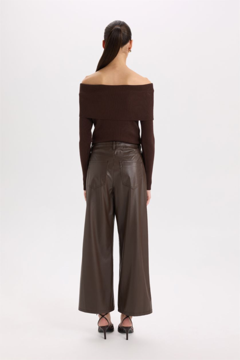 WOMAN Brown Culotte Fit Crop Fit Faux Leather Trousers
