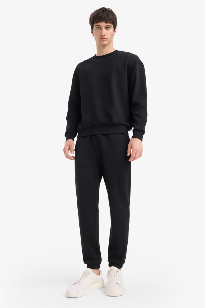 Men Black Slim FiSlim Zippered Pique Sweatpants