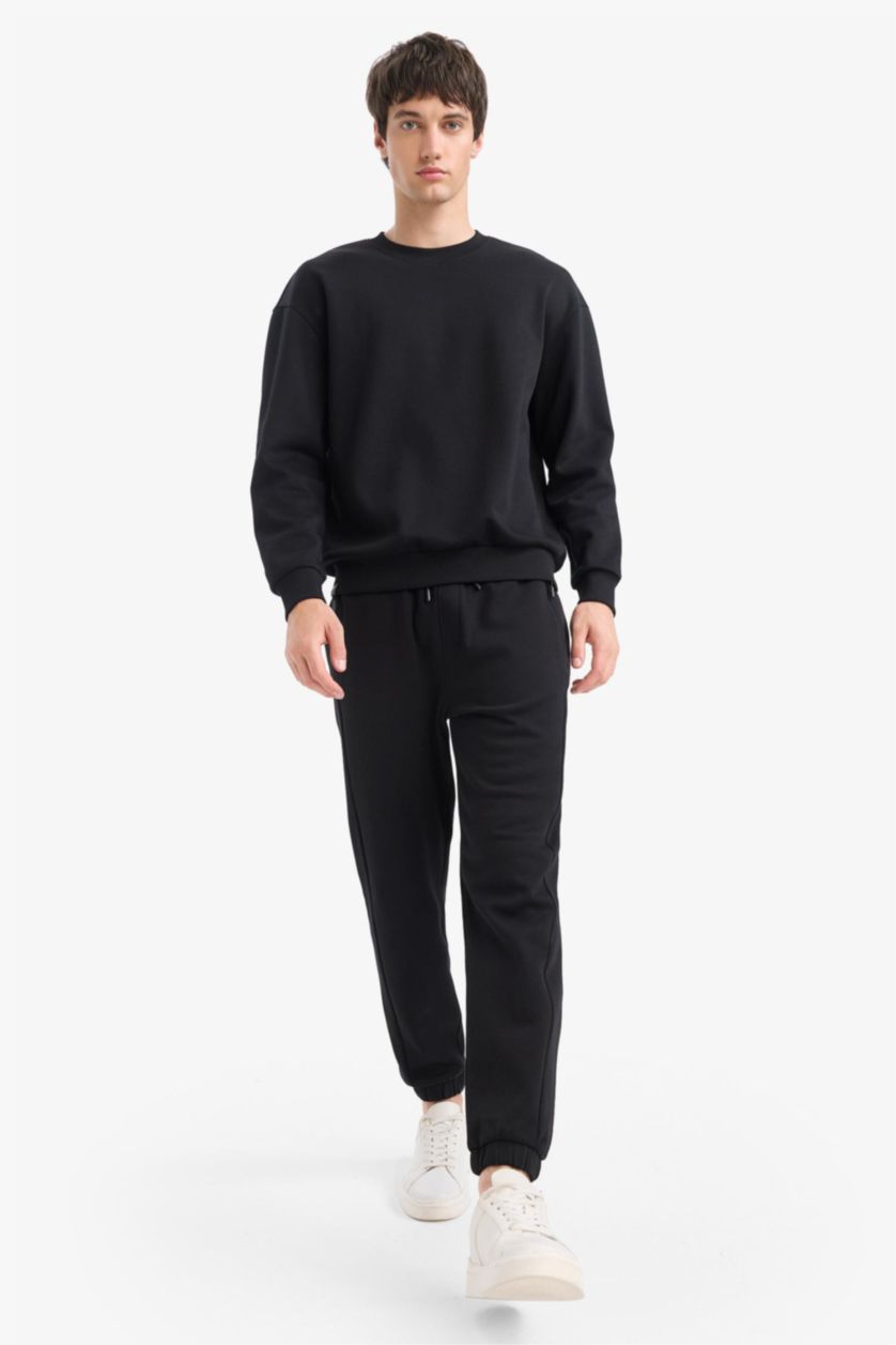 Men Black Slim FiSlim Zippered Pique Sweatpants