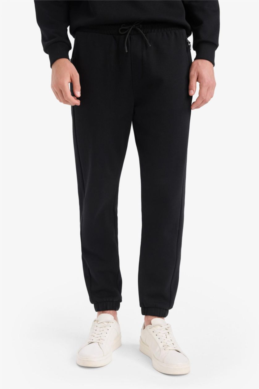 Men Black Slim FiSlim Zippered Pique Sweatpants