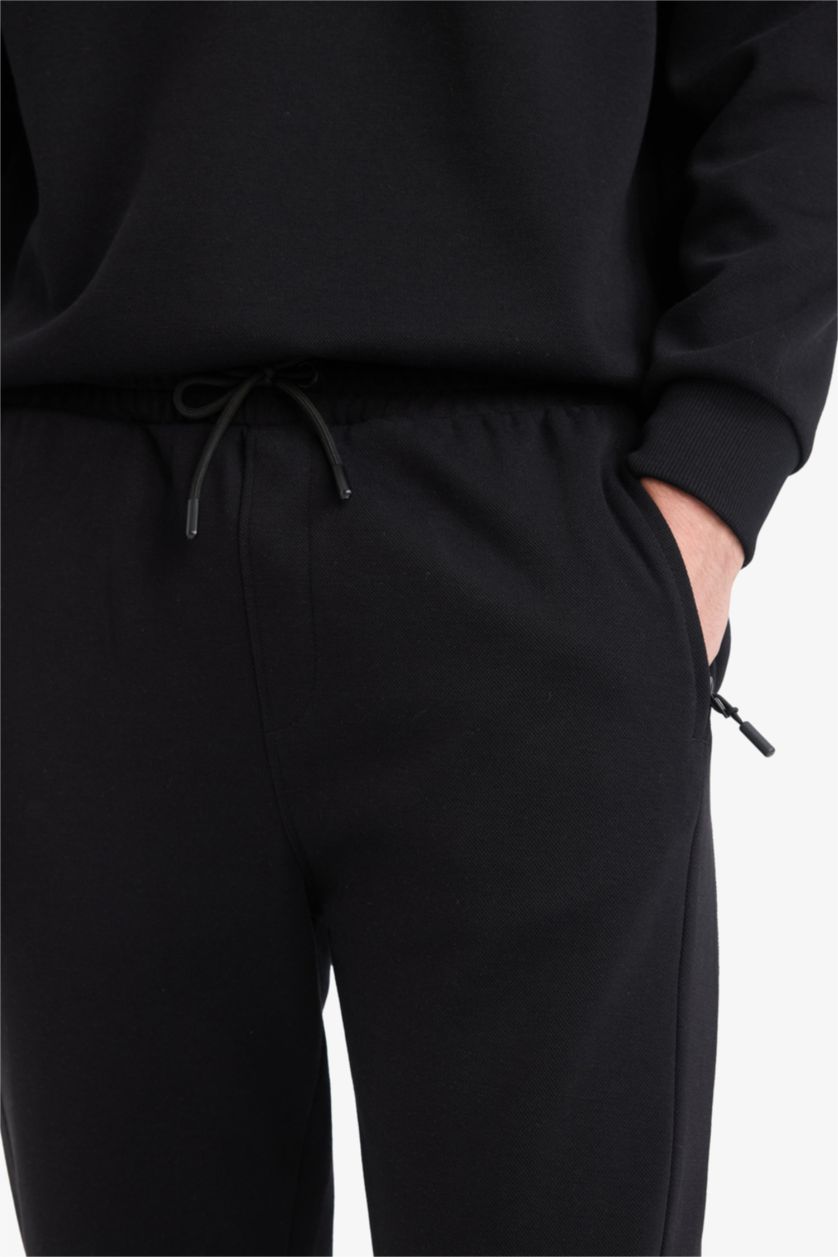 Men Black Slim FiSlim Zippered Pique Sweatpants