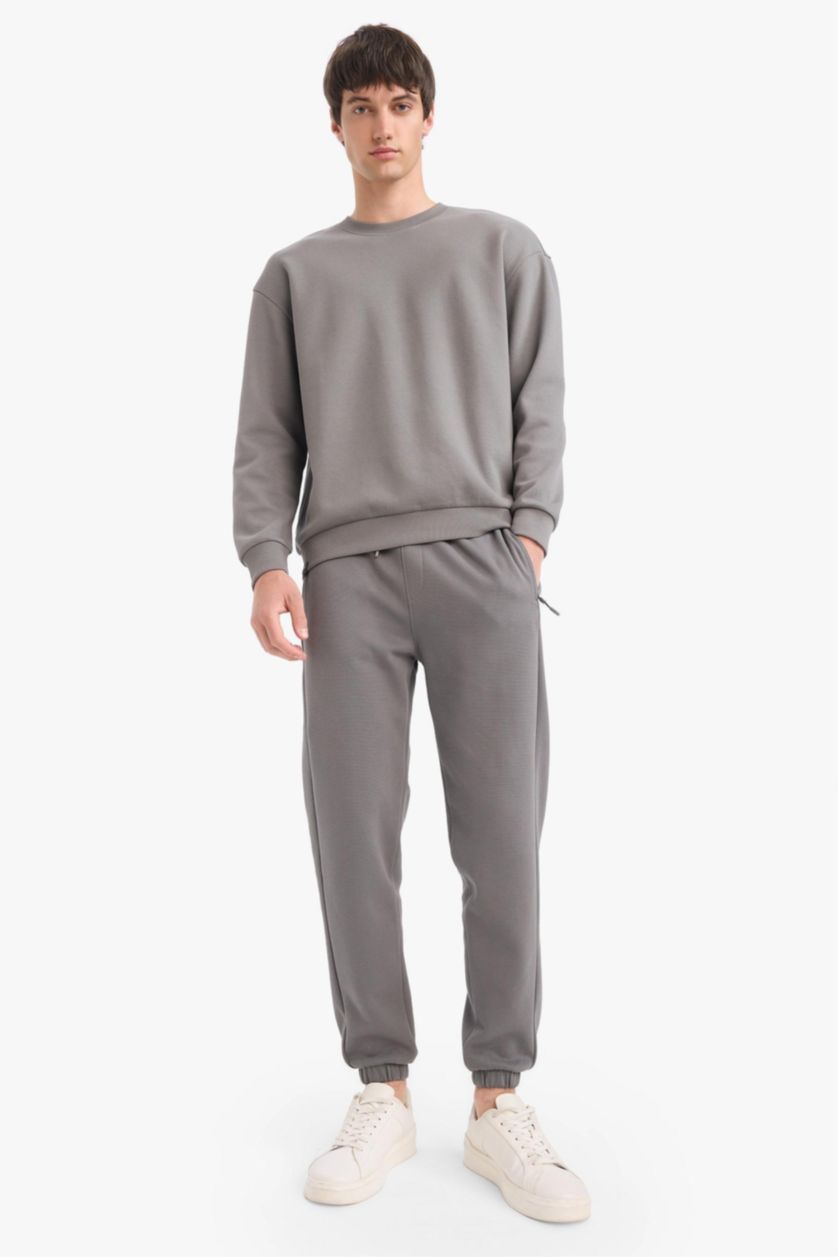 Erkek Gri Slim Fit Dar Kesim Fermuar Cepli Pike Eşofman Altı