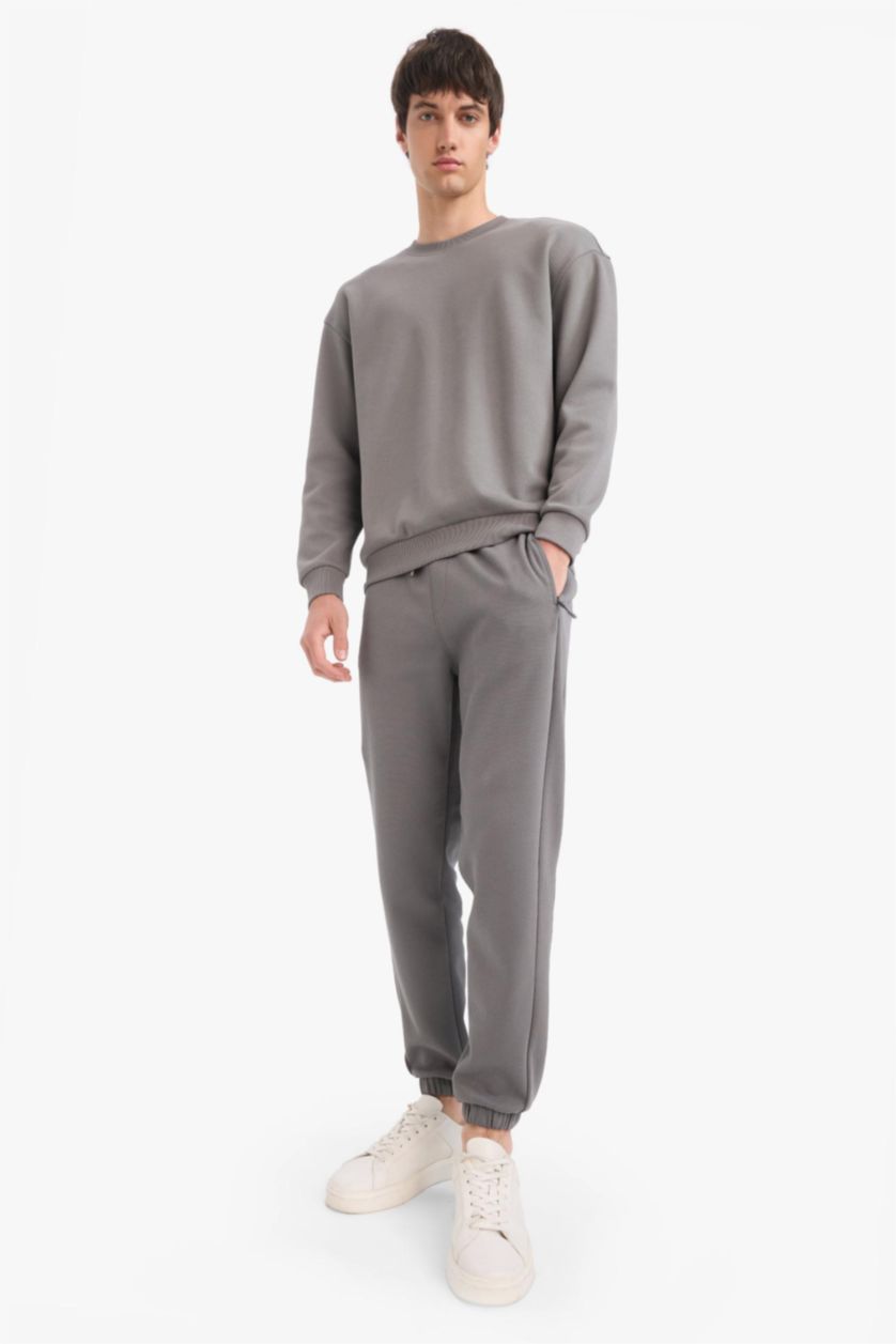 Erkek Gri Slim Fit Dar Kesim Fermuar Cepli Pike Eşofman Altı