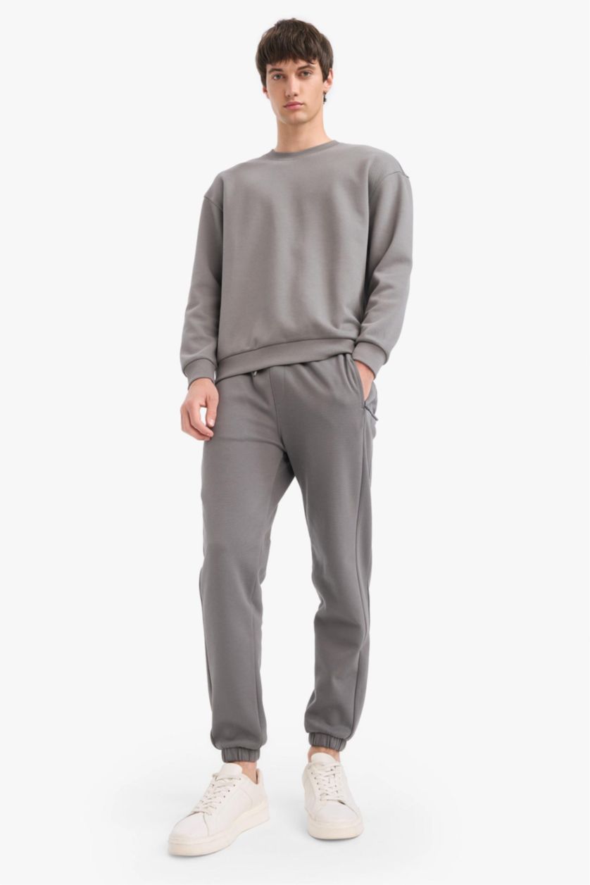 Erkek Gri Slim Fit Dar Kesim Fermuar Cepli Pike Eşofman Altı
