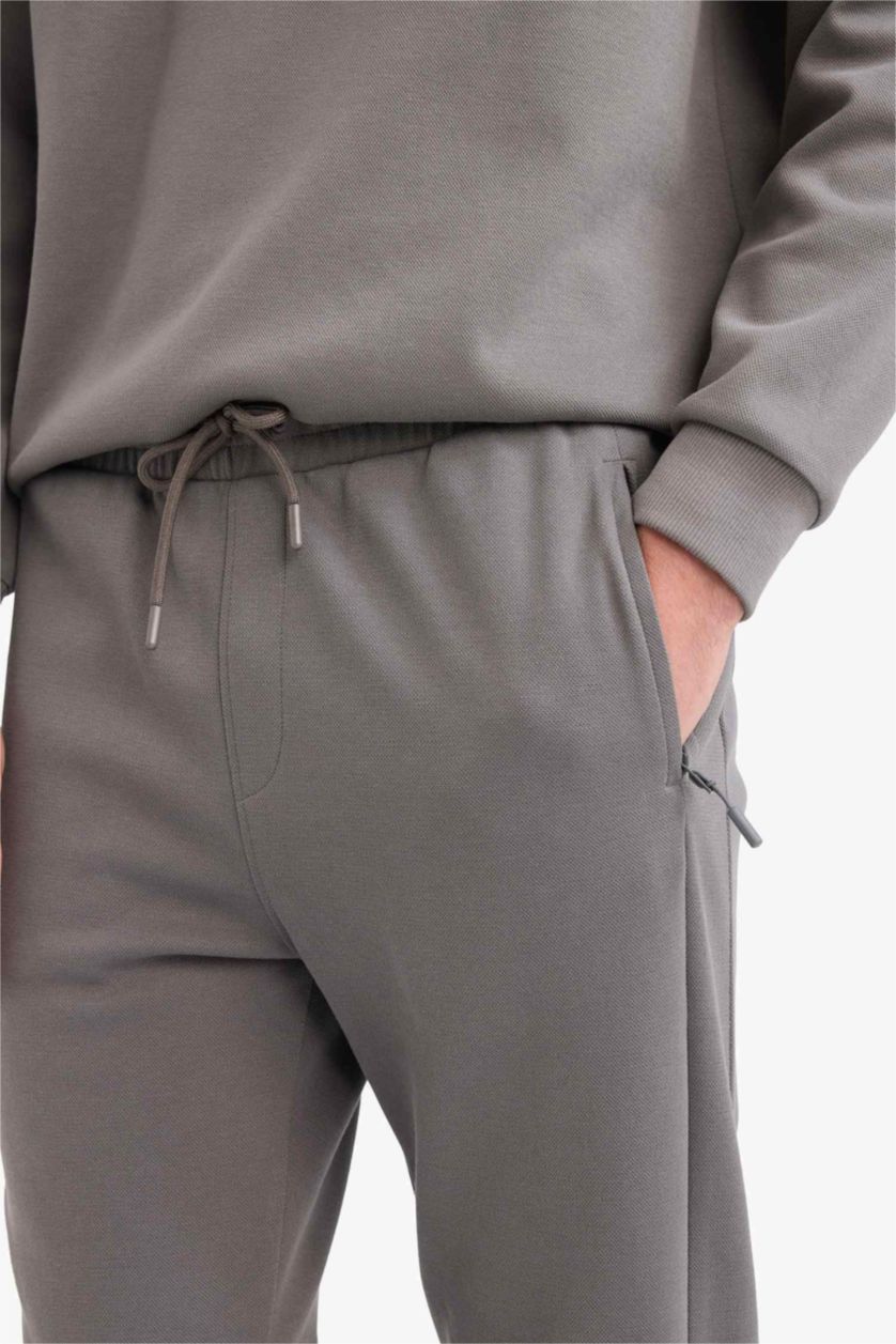 Erkek Gri Slim Fit Dar Kesim Fermuar Cepli Pike Eşofman Altı