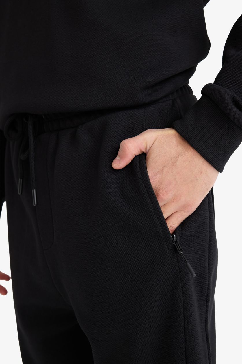 Erkek Siyah Slim Fit Dar Kesim Fermuar Cepli Pike Eşofman Altı