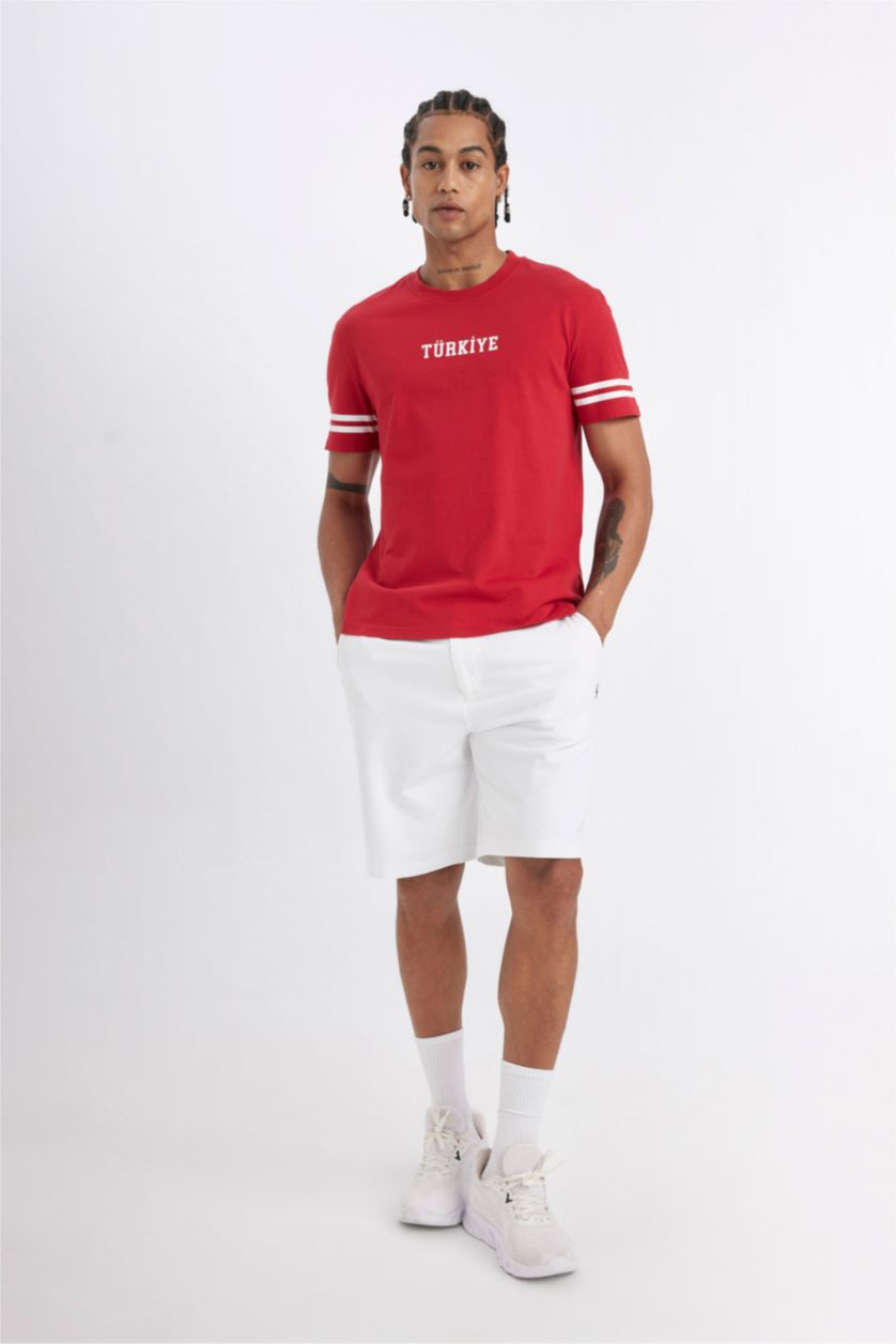 رجالي أحمر تيشيرت رياضي قصة عادية مطبوع من DeFactoFit