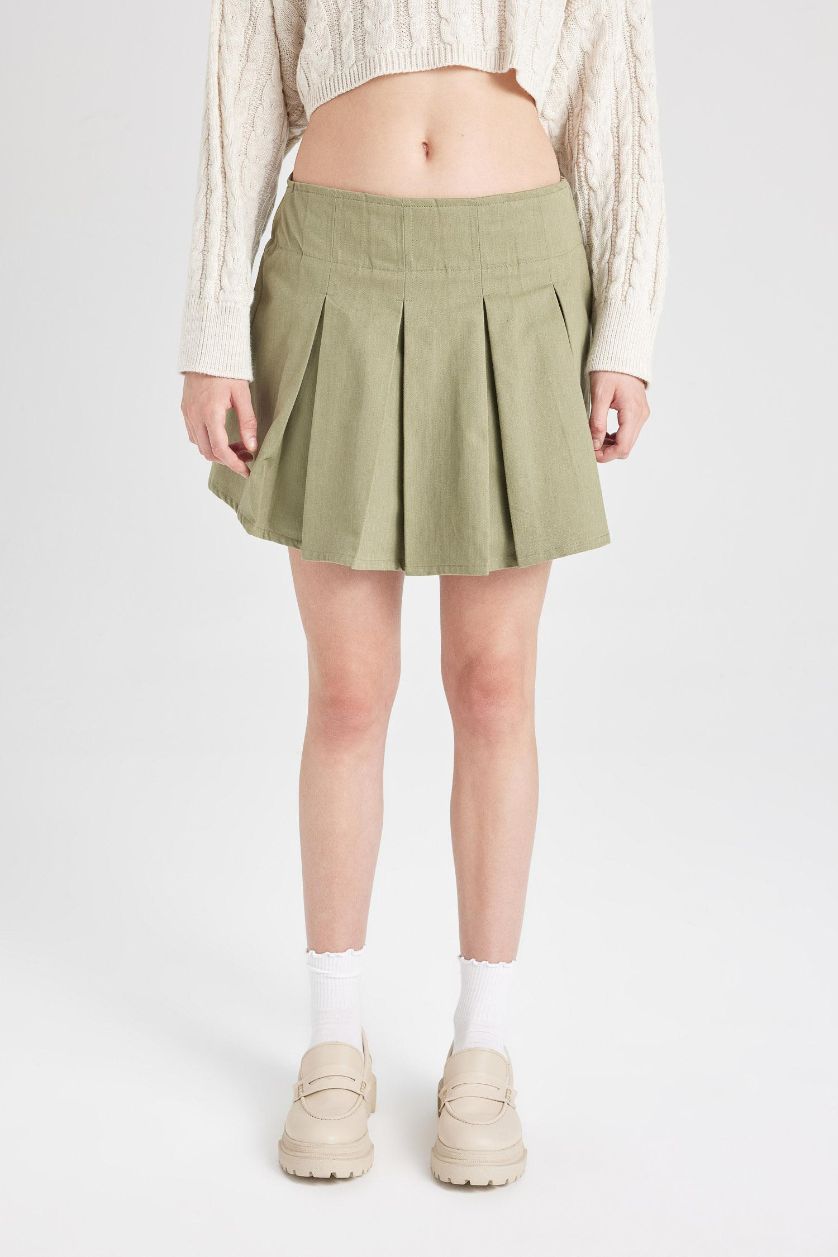 Kadın Haki Piliseli Normal Bel Basic Düz Gabardin Mini Etek