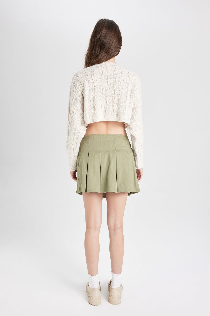 Kadın Haki Piliseli Normal Bel Basic Düz Gabardin Mini Etek