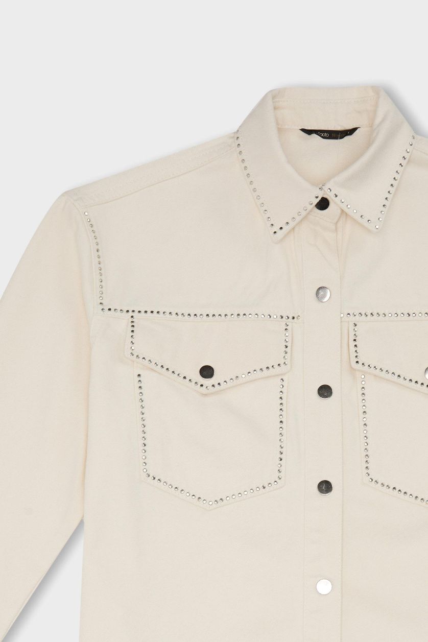 Kadın Ekru Oversize Geniş Kalıp Cepli Püsküllü Gabardin Uzun Kollu Ceket Gömlek